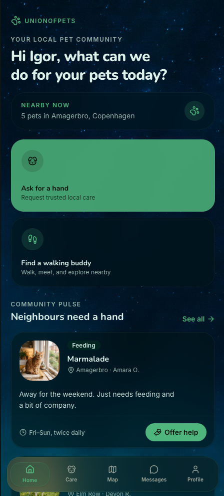 Union of Pets app shown on a smartphone
